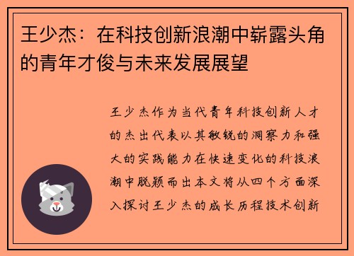 王少杰：在科技创新浪潮中崭露头角的青年才俊与未来发展展望